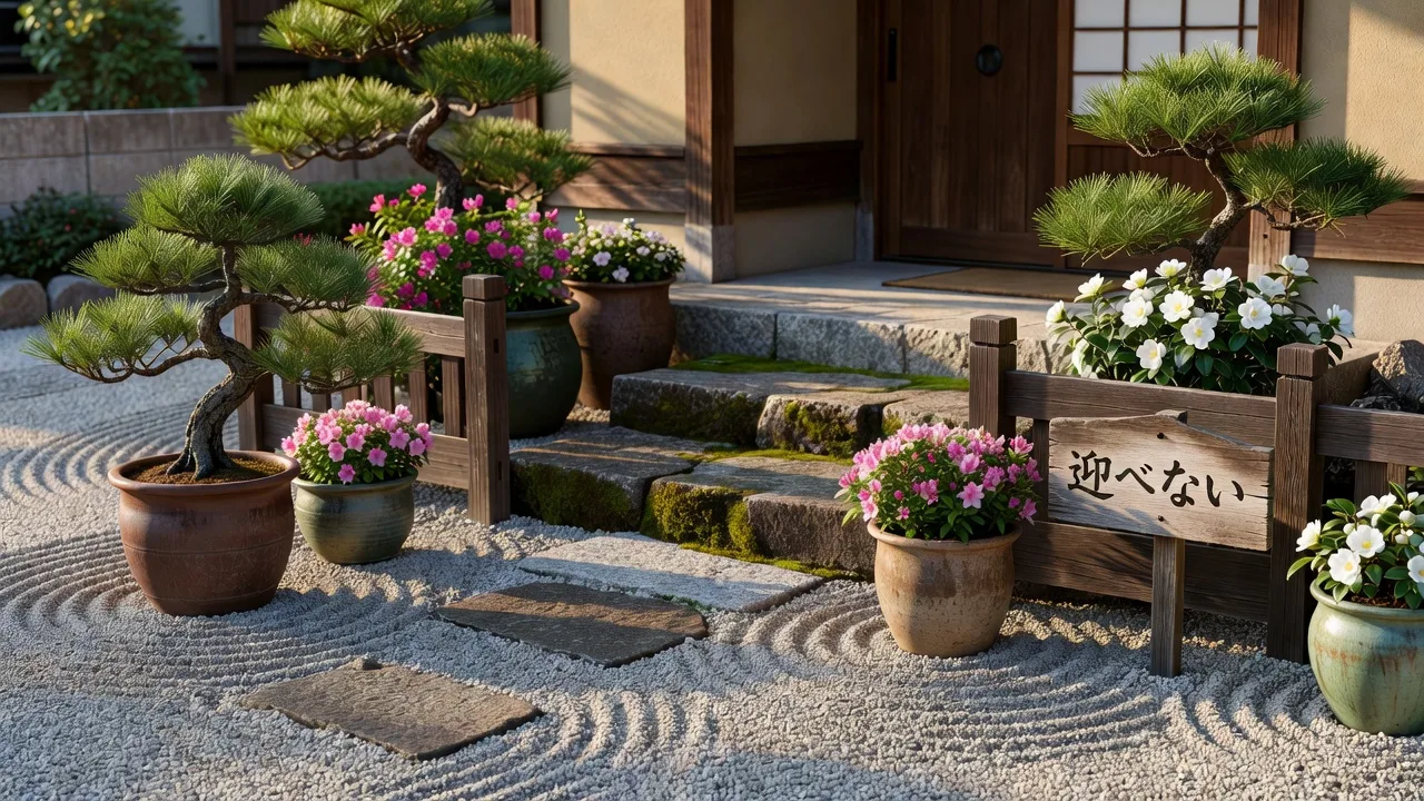 玉砂利と鉢植えのある玄関アプローチ