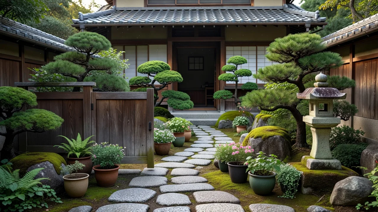 日本の住宅玄関前の美しい石畳の庭